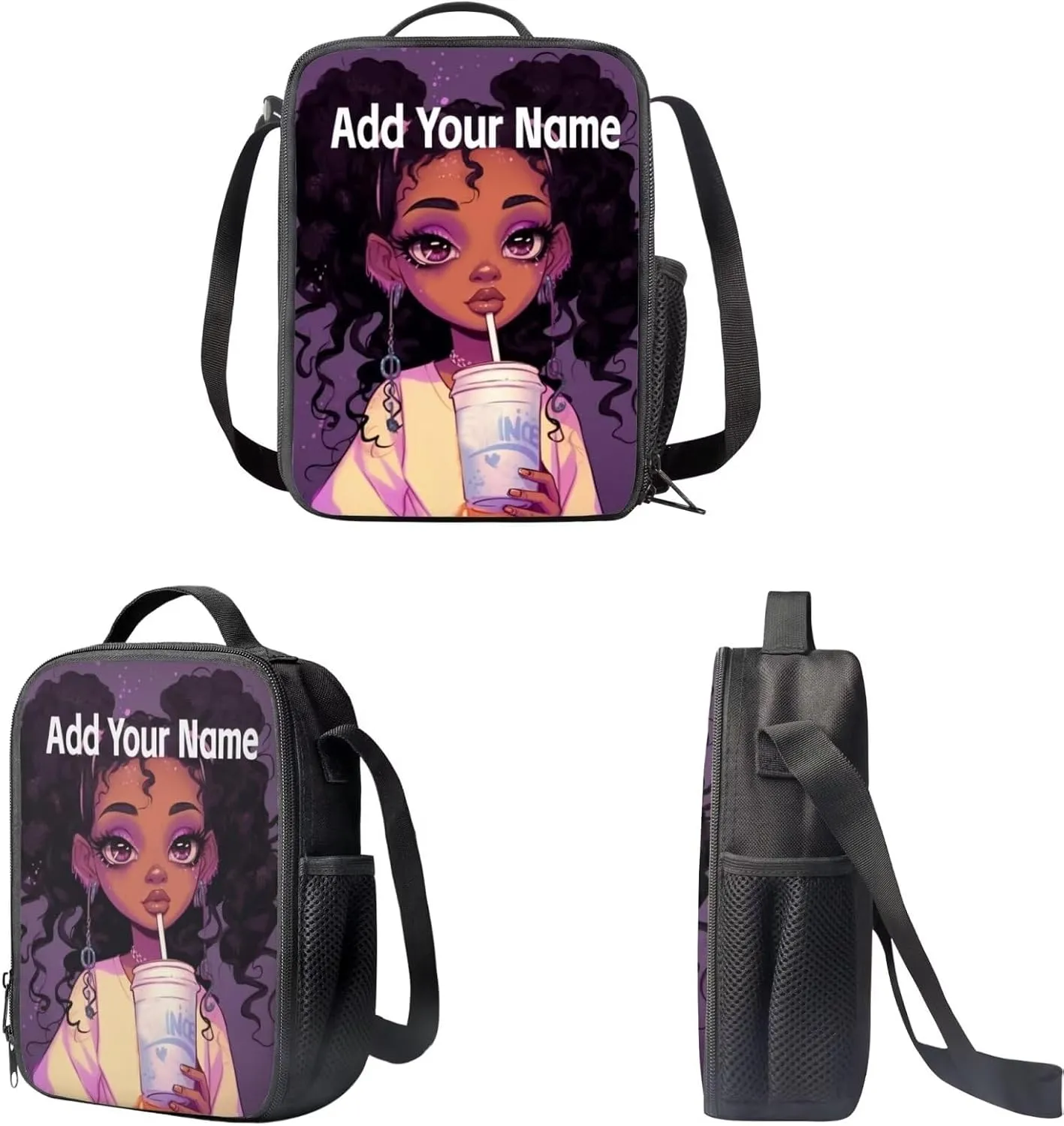 Afro Black Girls Backpack with Lunch Box Custom Name African Girl Backpack for Kids 8-12/10-12 School Bag and Lunch Bag Pencil Case,Elementary Student Bookbag 5Th Grade/4Th Grade