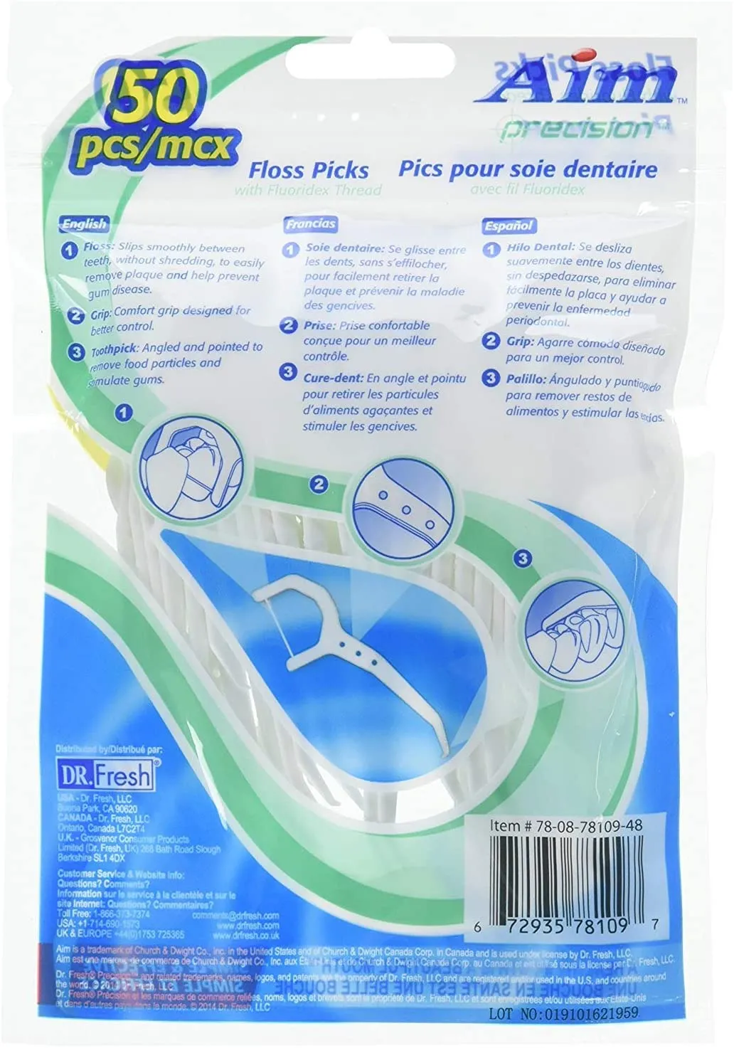Aim Precision Floss Picks Waxed Flouridex Total 300 Count, Thread Simple Effective (6 Pack)