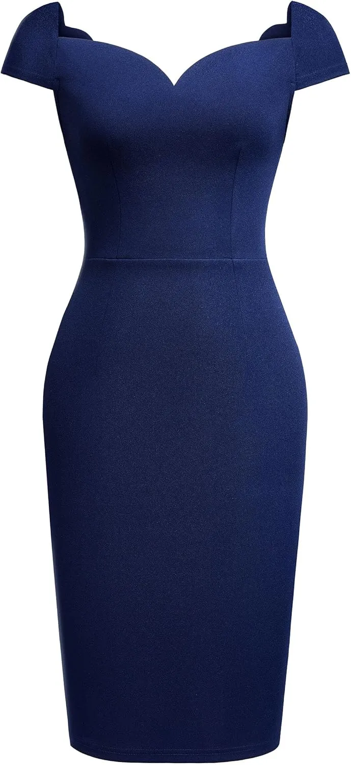 AISIZE Women's Retro V-Neck Cap Sleeve Business Pencil Dress