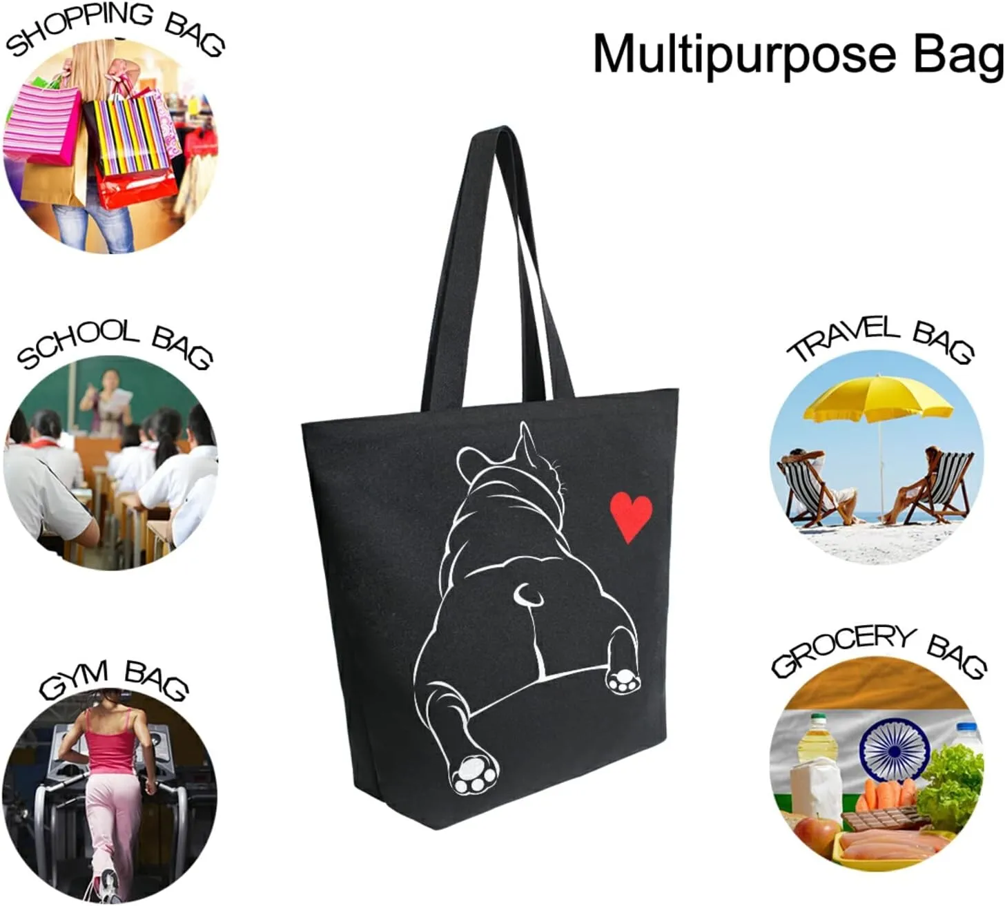 ALAZA Funny Bulldog Puppy Dog French Large Canvas Tote Bag Reusable Grocery Shopping Bag with Handles, Heavy Duty, Washable