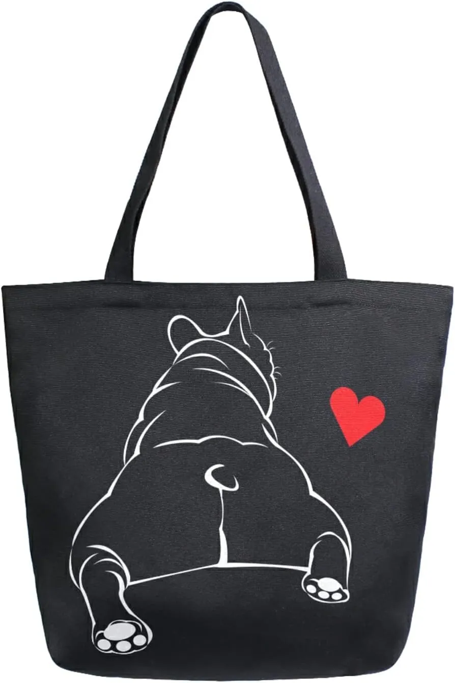 ALAZA Funny Bulldog Puppy Dog French Large Canvas Tote Bag Reusable Grocery Shopping Bag with Handles, Heavy Duty, Washable