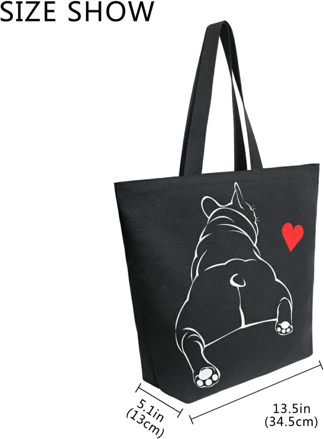 ALAZA Funny Bulldog Puppy Dog French Large Canvas Tote Bag Reusable Grocery Shopping Bag with Handles, Heavy Duty, Washable