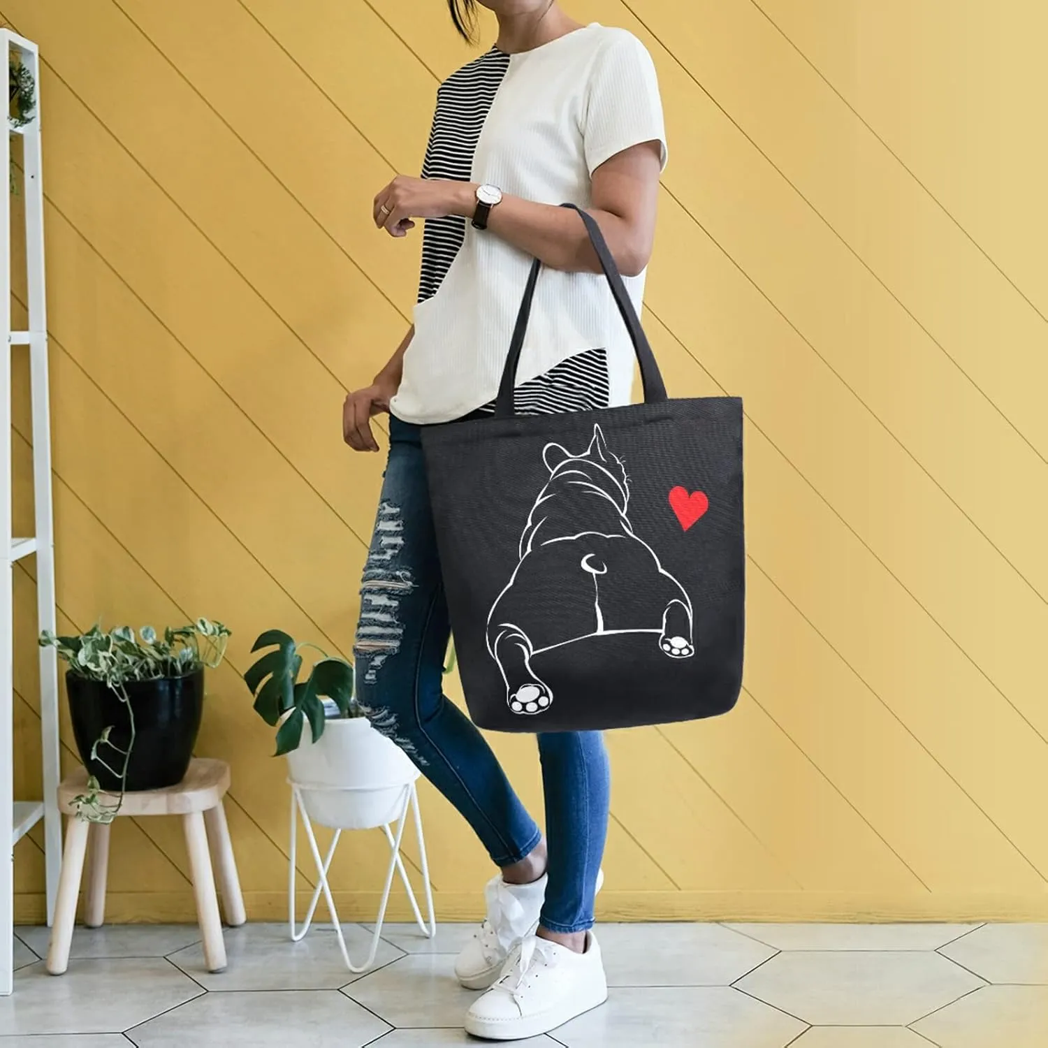 ALAZA Funny Bulldog Puppy Dog French Large Canvas Tote Bag Reusable Grocery Shopping Bag with Handles, Heavy Duty, Washable