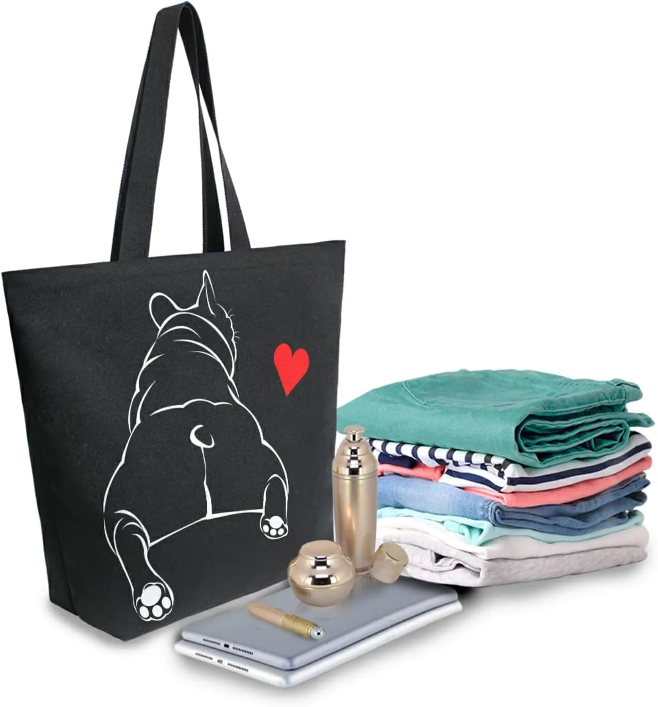 ALAZA Funny Bulldog Puppy Dog French Large Canvas Tote Bag Reusable Grocery Shopping Bag with Handles, Heavy Duty, Washable