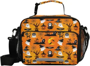 ALAZA Halloween Pumpkin Bat Ghost Lunch Bag Reusable Insulated Cooler Lunch Box Tote Bag with Adjustable Shoulder Strap for Boys Girls Travel Picnic