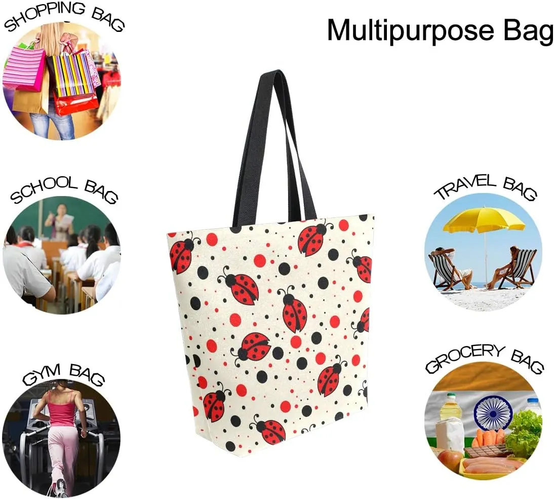 ALAZA Red Black Polka Dots Ladybugs Canvas Tote Bag Top Handle Purses Large Totes Reusable Handbags Cotton Shoulder Bags for Women Travel Work Shopping Grocery
