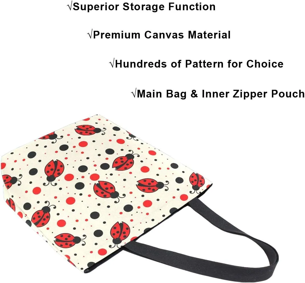 ALAZA Red Black Polka Dots Ladybugs Canvas Tote Bag Top Handle Purses Large Totes Reusable Handbags Cotton Shoulder Bags for Women Travel Work Shopping Grocery