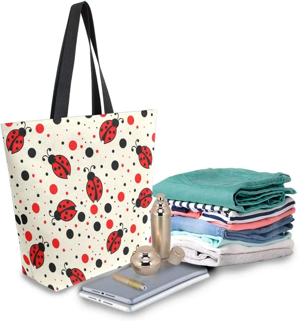 ALAZA Red Black Polka Dots Ladybugs Canvas Tote Bag Top Handle Purses Large Totes Reusable Handbags Cotton Shoulder Bags for Women Travel Work Shopping Grocery