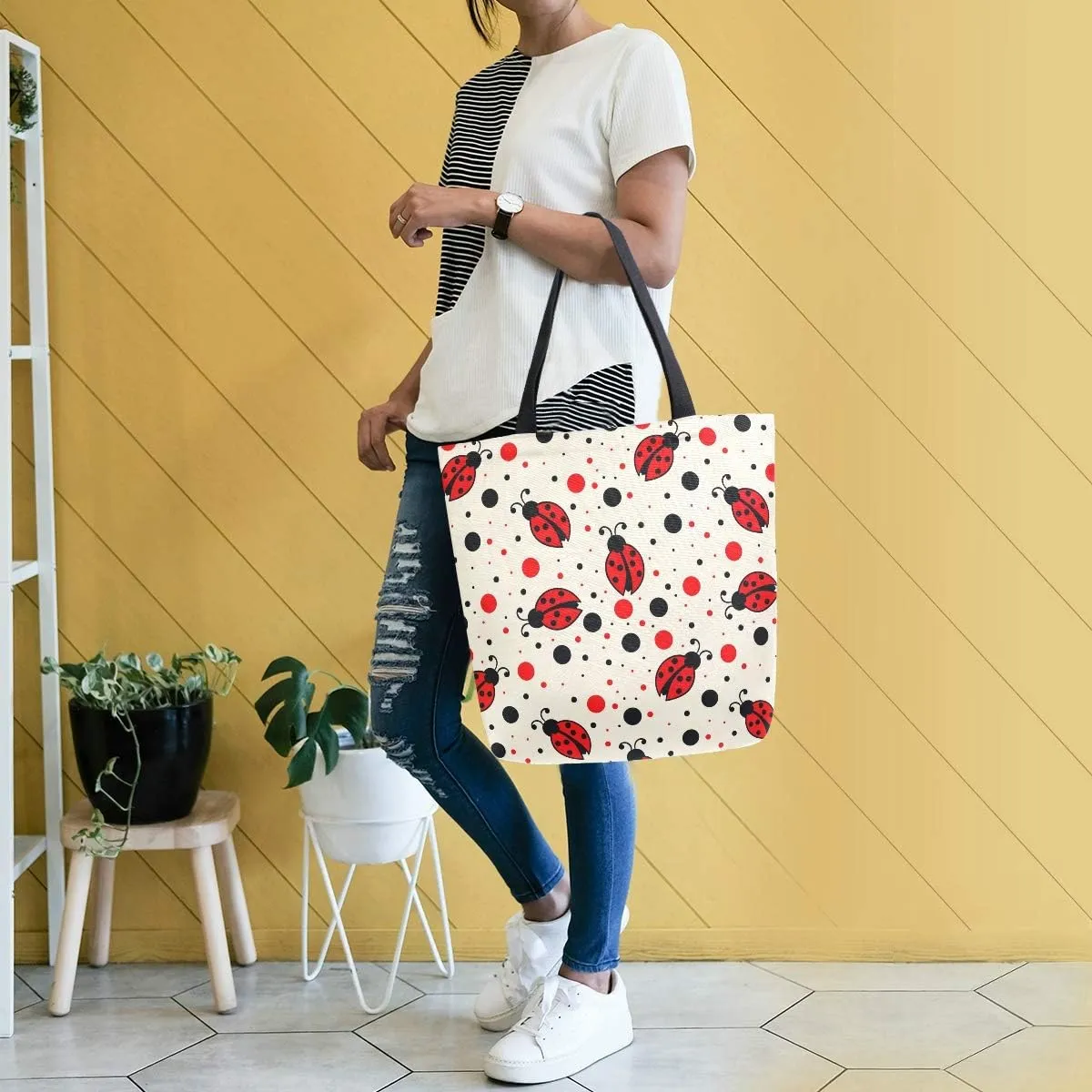 ALAZA Red Black Polka Dots Ladybugs Canvas Tote Bag Top Handle Purses Large Totes Reusable Handbags Cotton Shoulder Bags for Women Travel Work Shopping Grocery