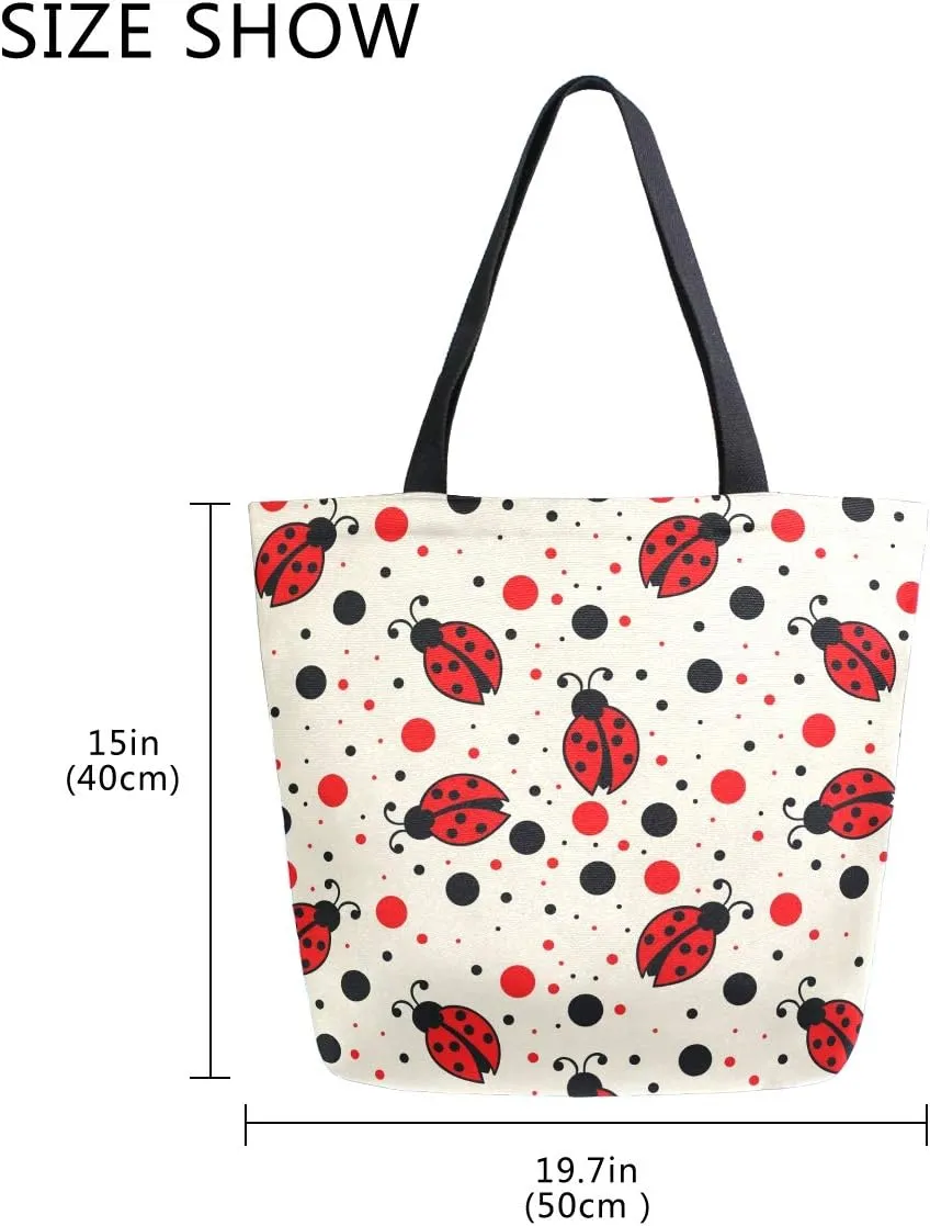 ALAZA Red Black Polka Dots Ladybugs Canvas Tote Bag Top Handle Purses Large Totes Reusable Handbags Cotton Shoulder Bags for Women Travel Work Shopping Grocery