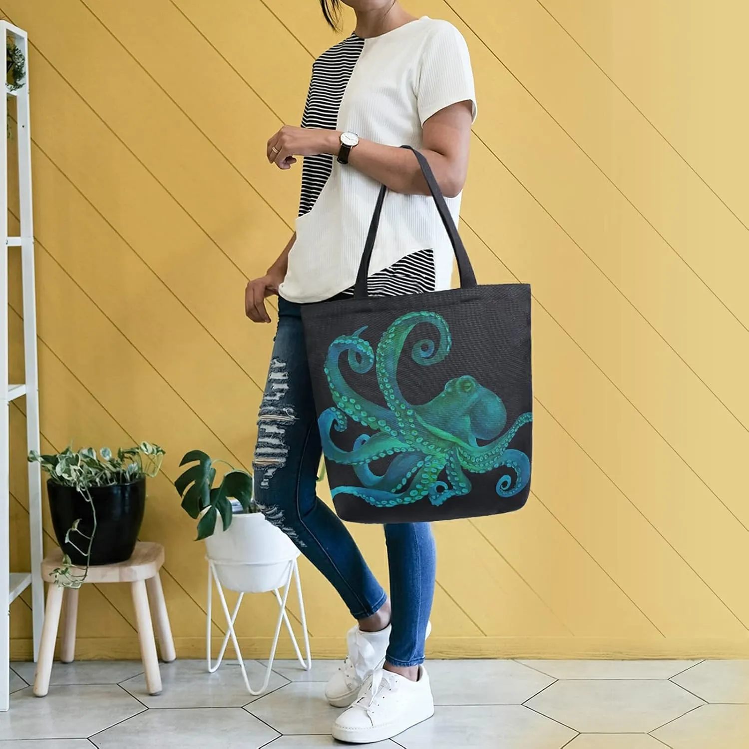 ALAZA Watercolor Octopus kraken Black Large Canvas Tote Bag Reusable Grocery Shopping Bag with Handles, Heavy Duty, Washable