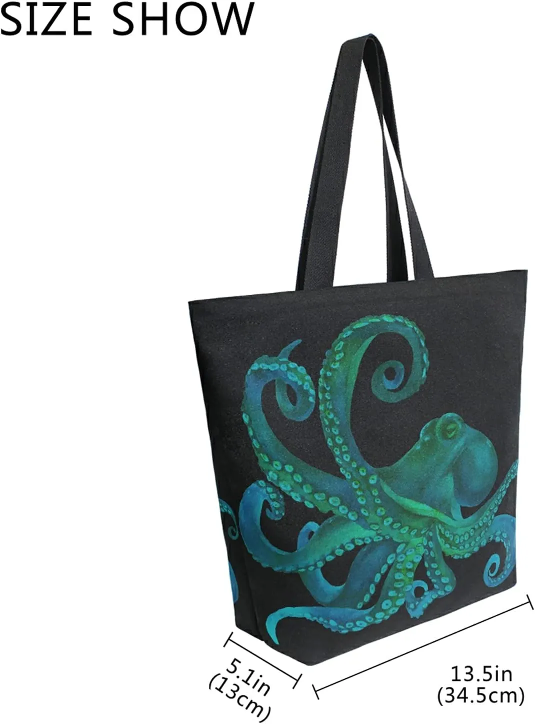 ALAZA Watercolor Octopus kraken Black Large Canvas Tote Bag Reusable Grocery Shopping Bag with Handles, Heavy Duty, Washable