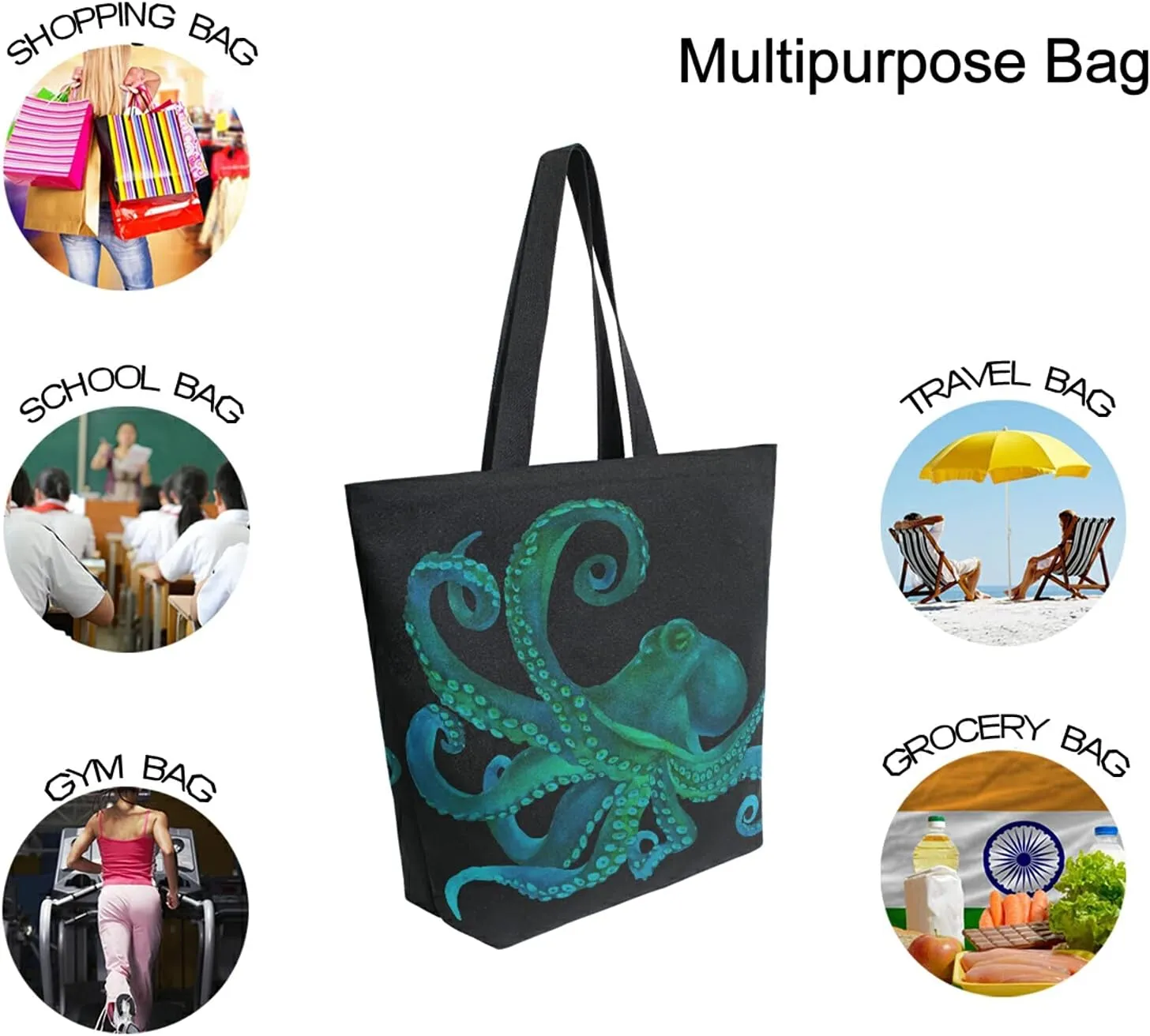 ALAZA Watercolor Octopus kraken Black Large Canvas Tote Bag Reusable Grocery Shopping Bag with Handles, Heavy Duty, Washable