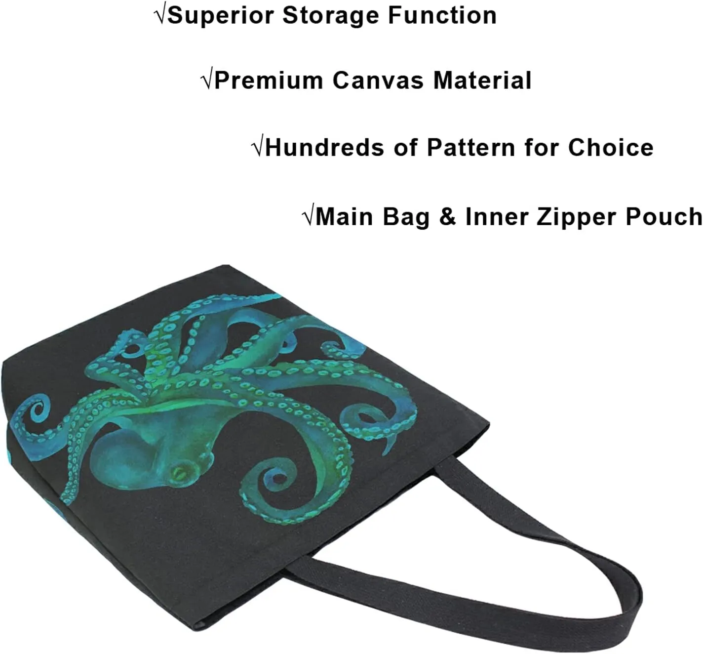 ALAZA Watercolor Octopus kraken Black Large Canvas Tote Bag Reusable Grocery Shopping Bag with Handles, Heavy Duty, Washable