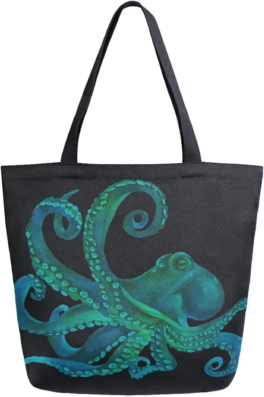 ALAZA Watercolor Octopus kraken Black Large Canvas Tote Bag Reusable Grocery Shopping Bag with Handles, Heavy Duty, Washable