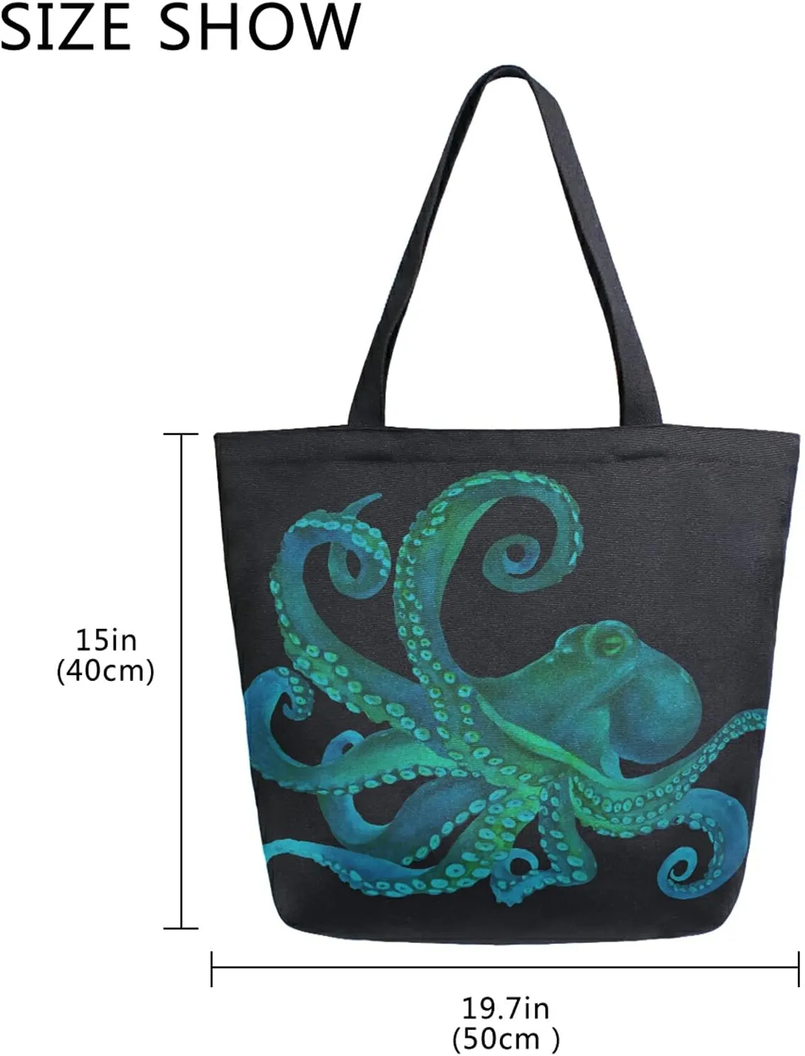 ALAZA Watercolor Octopus kraken Black Large Canvas Tote Bag Reusable Grocery Shopping Bag with Handles, Heavy Duty, Washable