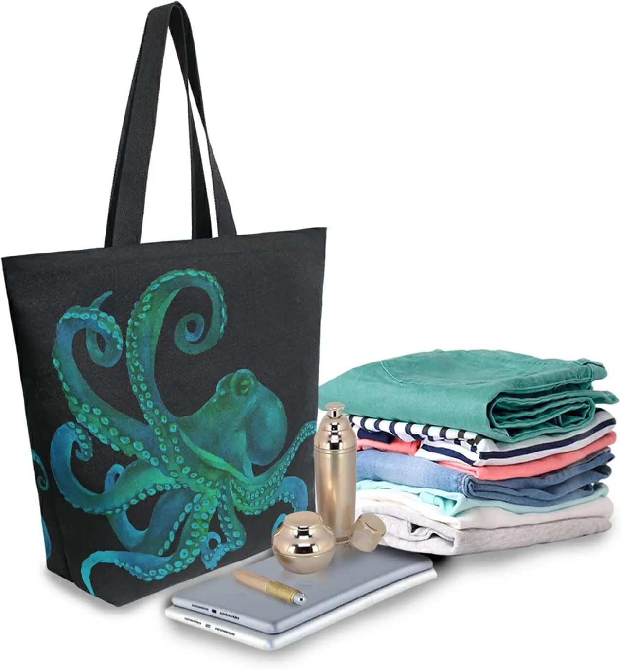 ALAZA Watercolor Octopus kraken Black Large Canvas Tote Bag Reusable Grocery Shopping Bag with Handles, Heavy Duty, Washable