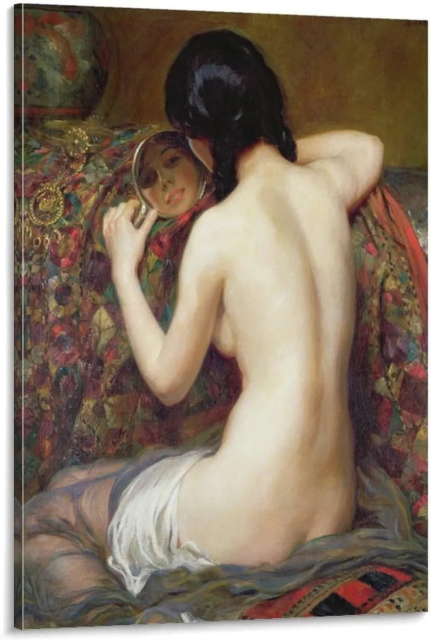 Albert Henry Collings,A Reflection,Beautiful Nude Women,A Woman Looking in The Mirror,art Prints,Vin Poster Print for Teen Boys Room Wall Art Canvas Painting Print Poster for Room Aesthetics Canvas Wa