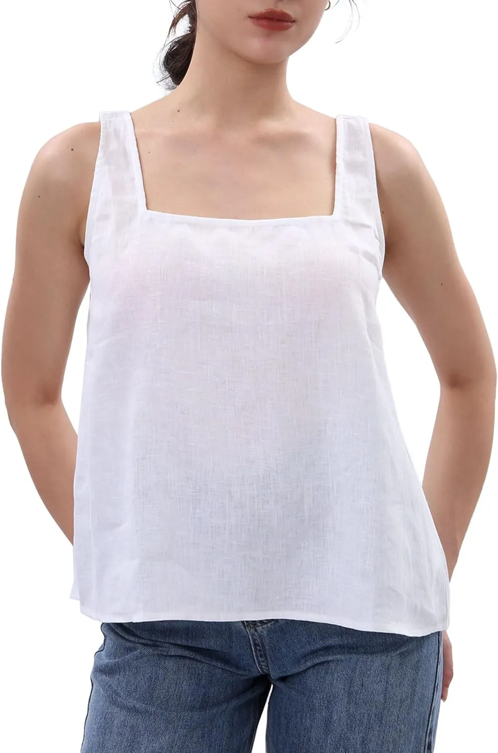 Amazhiyu Womens Pure Linen Square Neck Sleeveless Tank Tops for Casual Summer