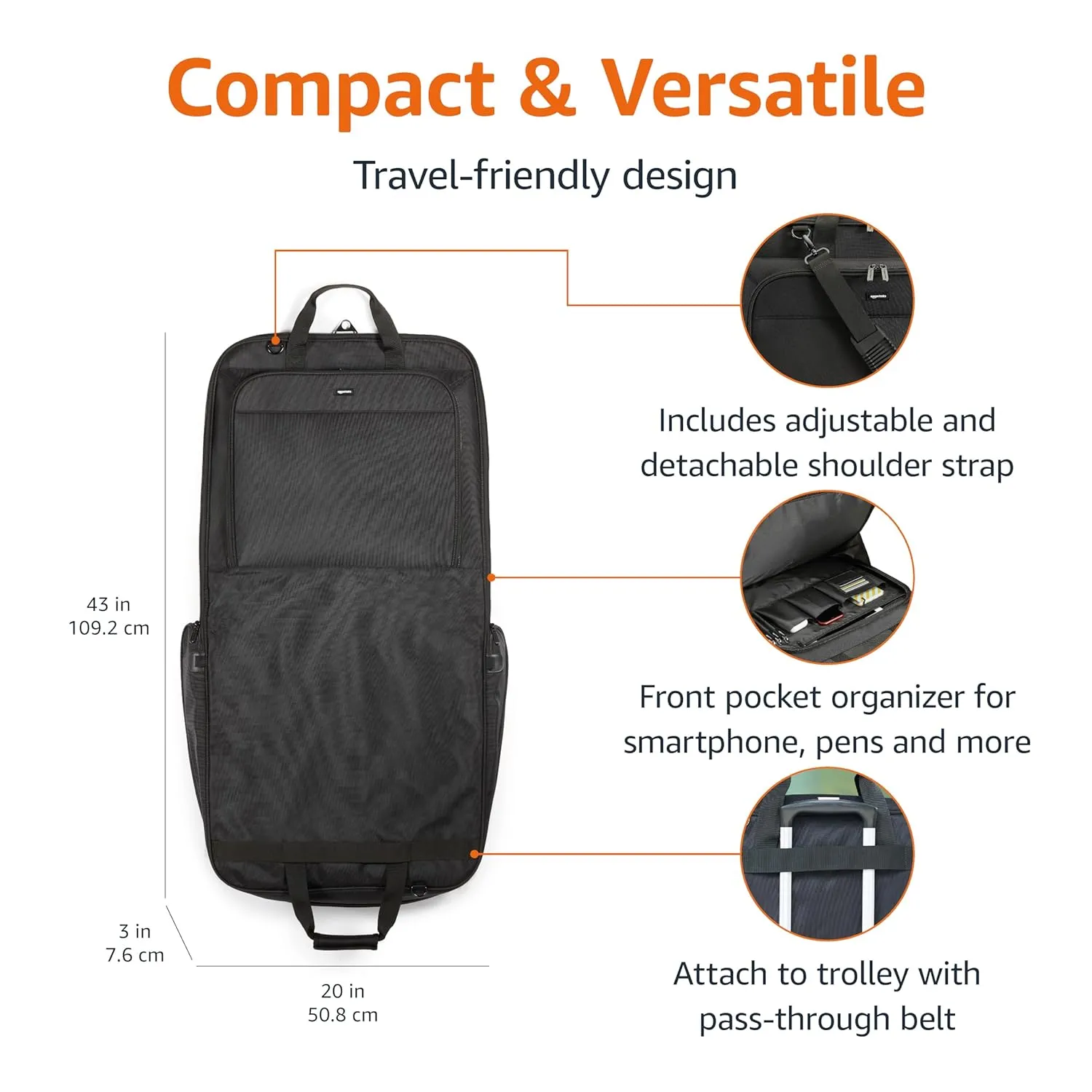 Amazon Basics Premium Travel Garment Bag with Shoulder Strap for Suits and Dresses, Trifold, 21.1 inch, Black, Solid