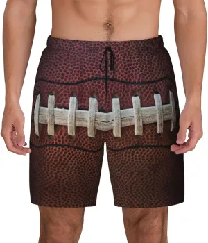 American Football Laces Print Men's Double Layer Swim Shorts, Gym Workout Shorts with Pocket