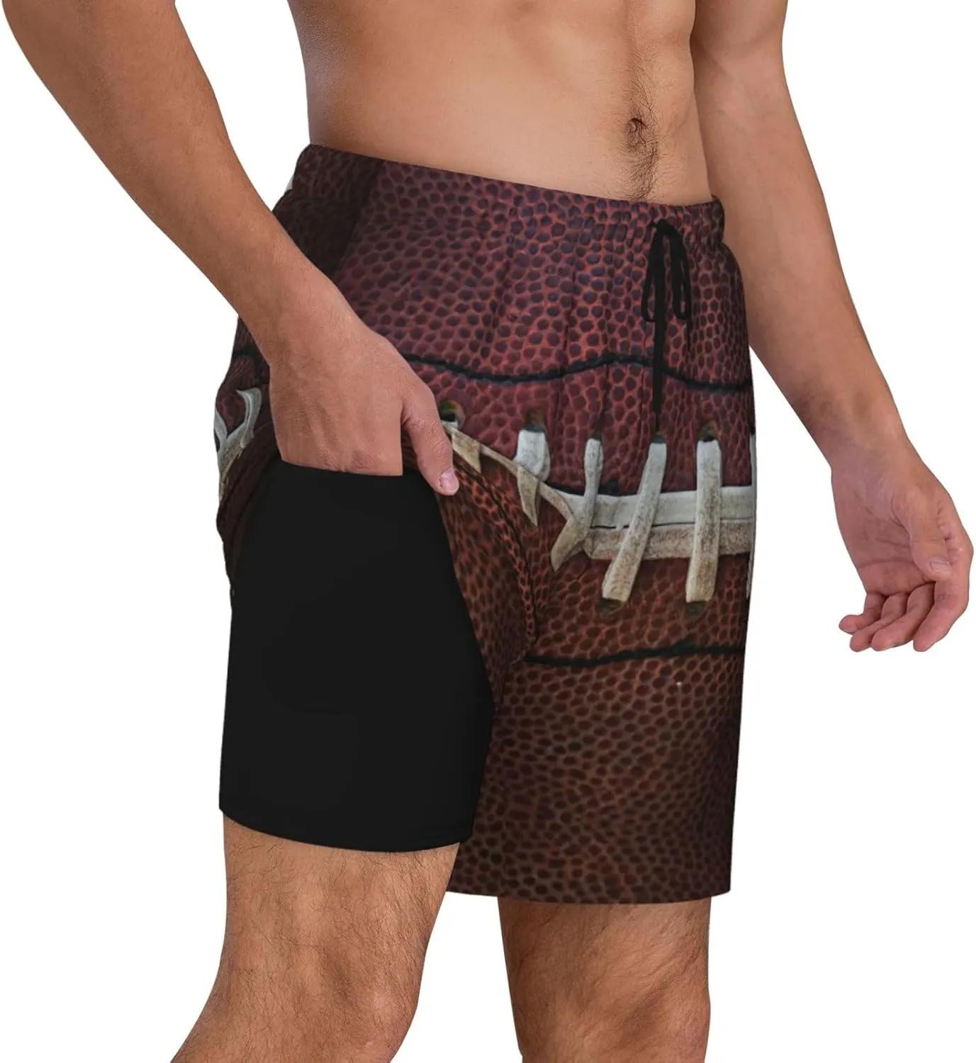 American Football Laces Print Men's Double Layer Swim Shorts, Gym Workout Shorts with Pocket
