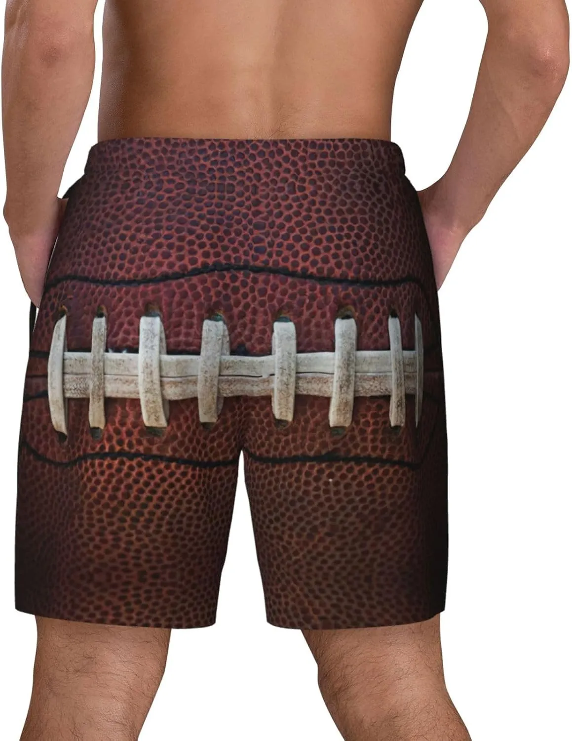 American Football Laces Print Men's Double Layer Swim Shorts, Gym Workout Shorts with Pocket