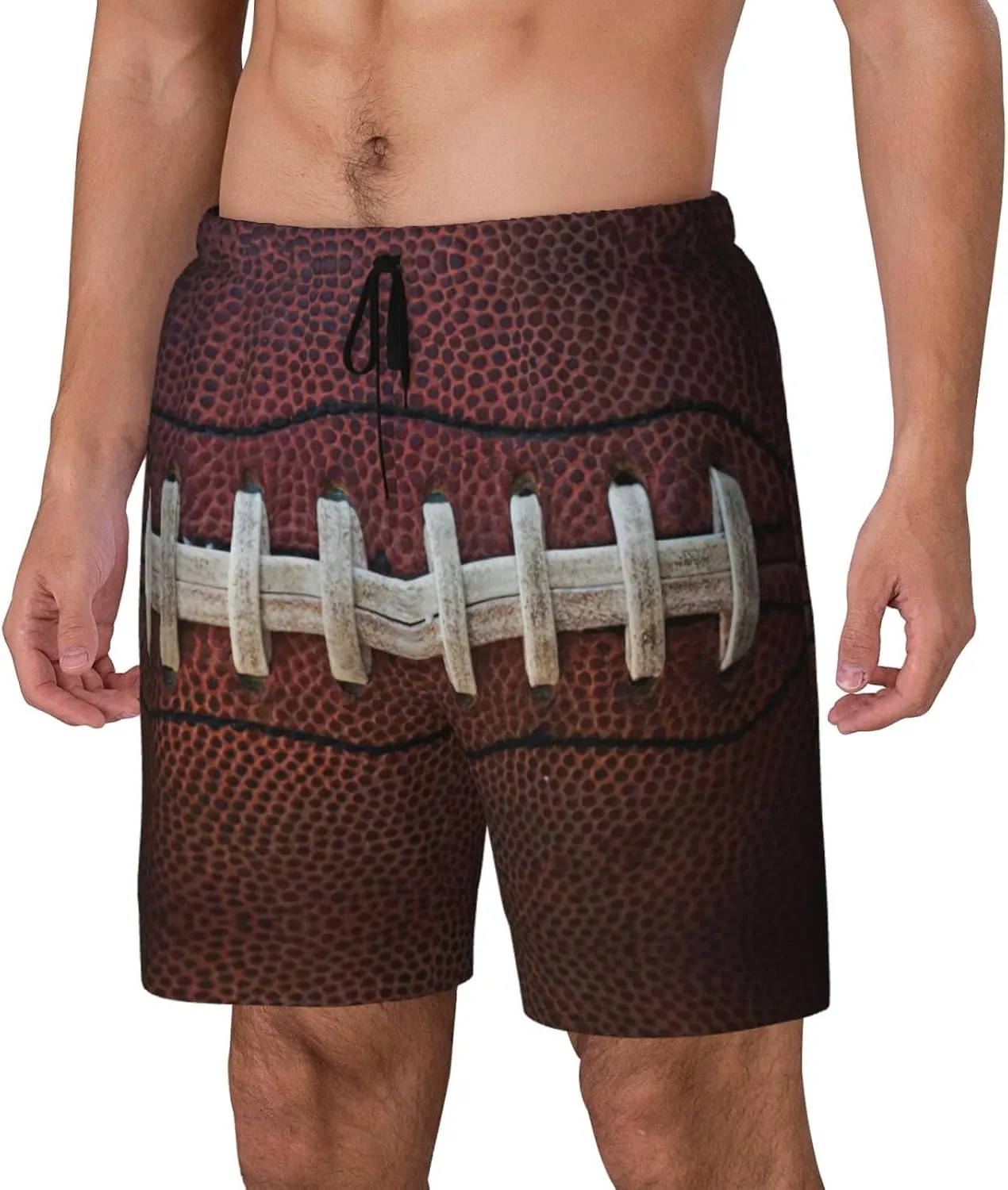 American Football Laces Print Men's Double Layer Swim Shorts, Gym Workout Shorts with Pocket