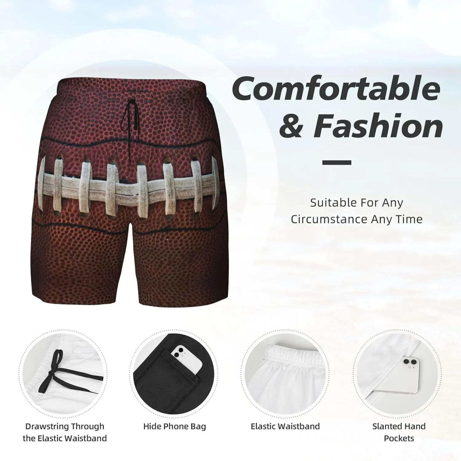 American Football Laces Print Men's Double Layer Swim Shorts, Gym Workout Shorts with Pocket