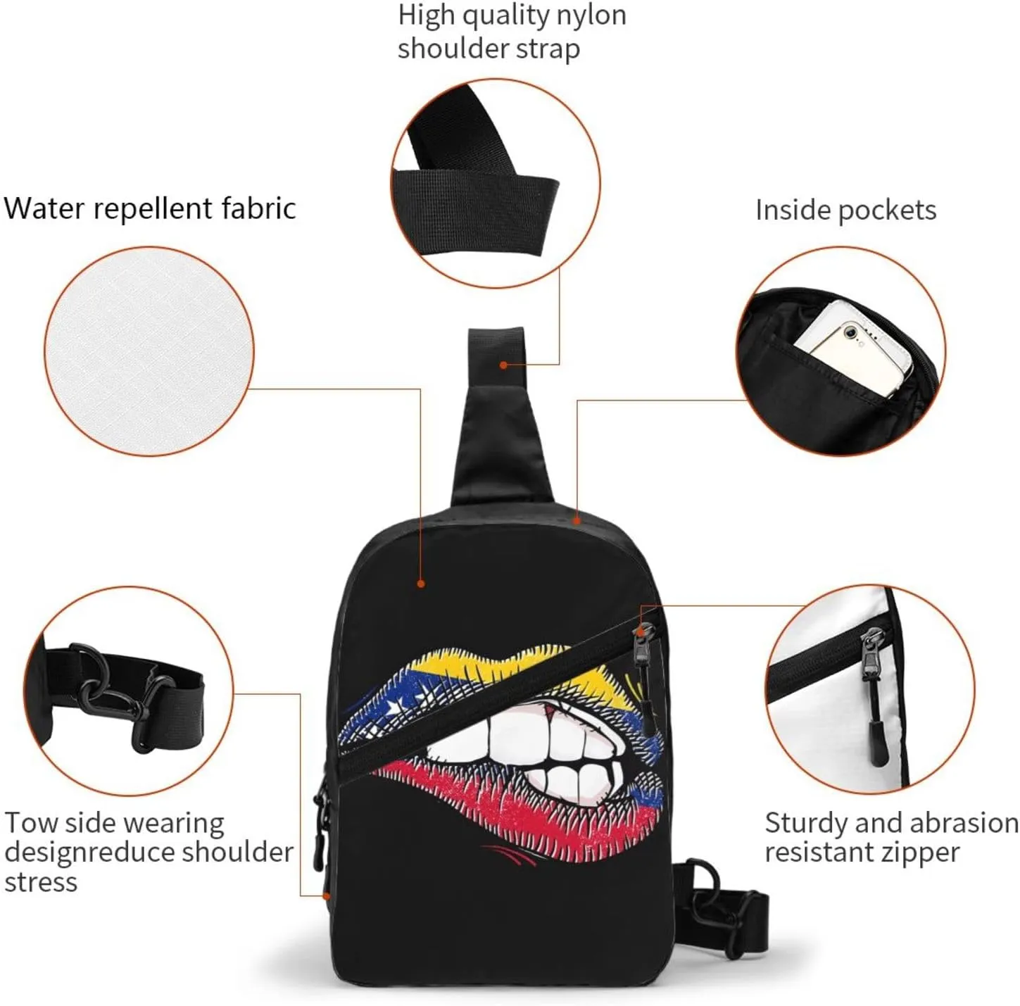 American Venezuelan Venezuela Flag Biting Lips Crossbody Bag Portable Sling Bags Foldable Chest Daypack Reusable Sports Shoulder Backpack Diagonally Casual Rucksack Travel Bag