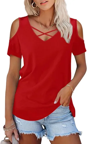 Amoretu Womens Summer Shirts V Neck Criss Cross Cold Shoulder Tops Blouse