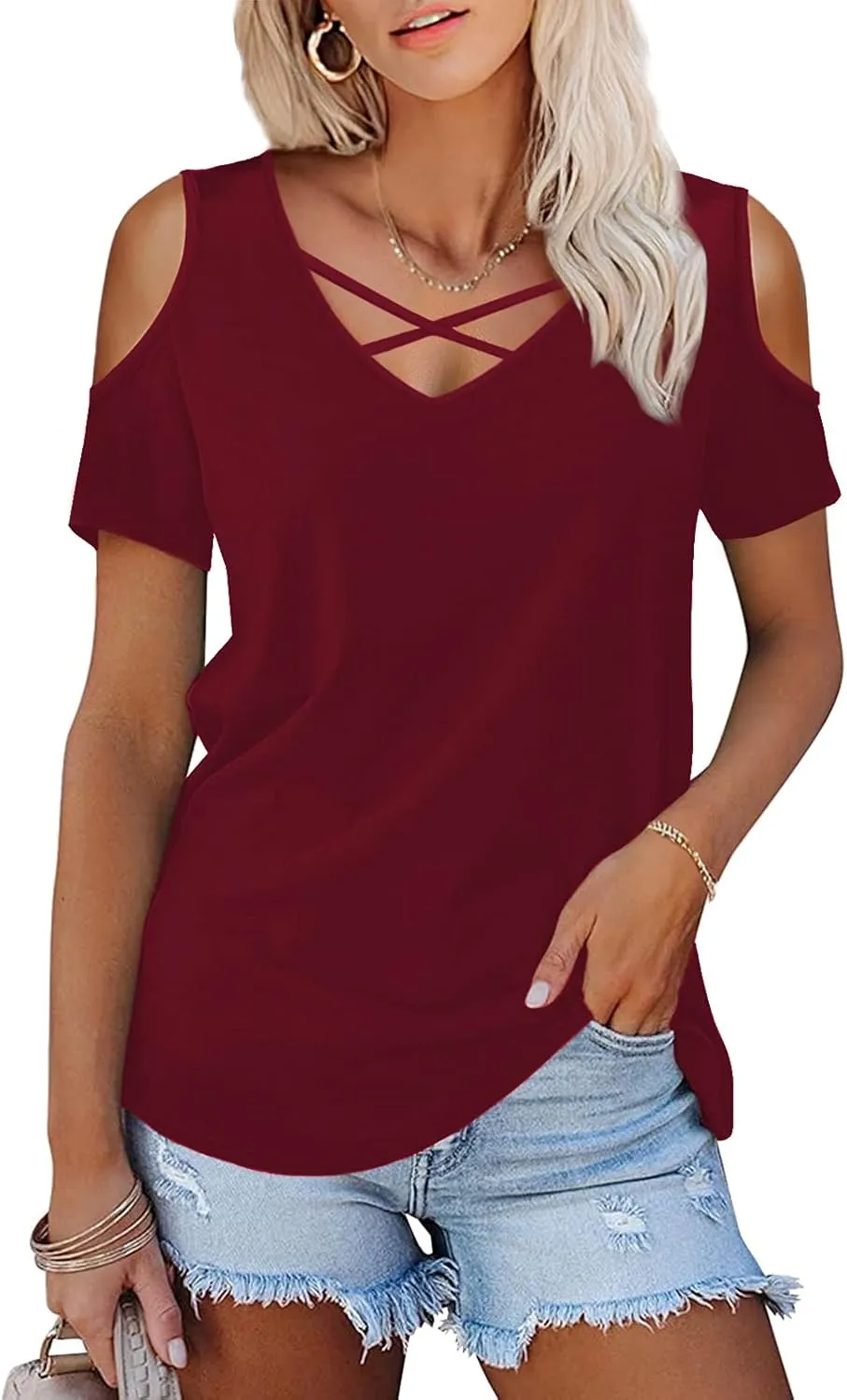 Amoretu Womens Summer Shirts V Neck Criss Cross Cold Shoulder Tops Blouse