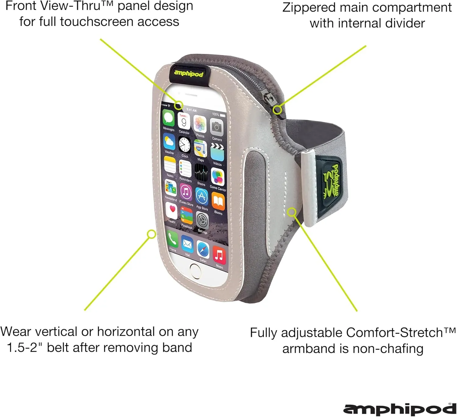 Amphipod ArmPod SmartView Sumo Armband, Reflective Arm or Belt Cell Phone Accessory with Zip Storage for Running & Walking - Silver/Charcoal - XL