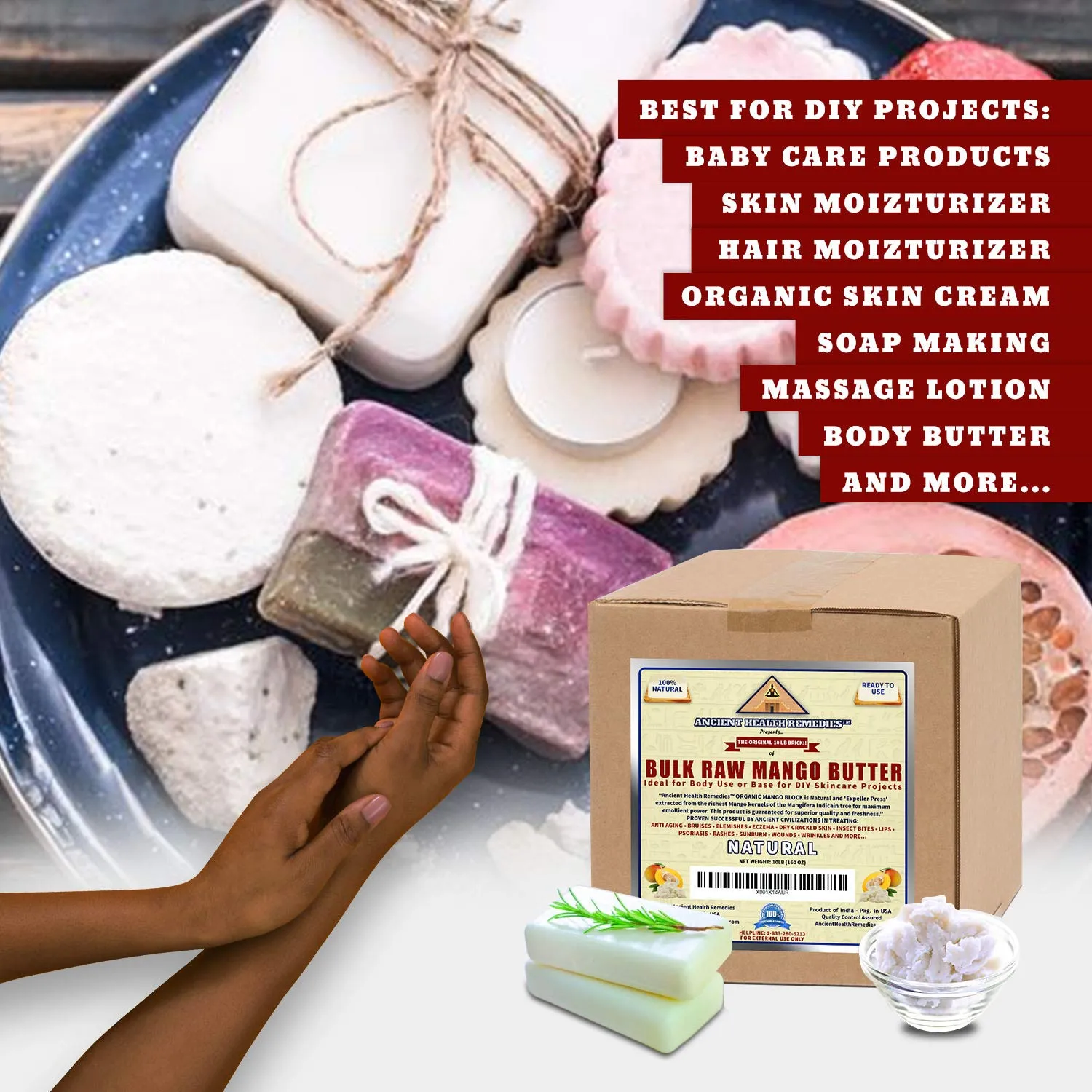 ANCIENT HEALTH REMEDIES Organic Unrefined Raw MANGO BUTTER JAR/BLOCKS Bulk, Light Mango Aroma, Non-Greasy Base for Beauty, Skin Moisturizing, DIY Base for Body Butter & Hand Creams (10 LB)