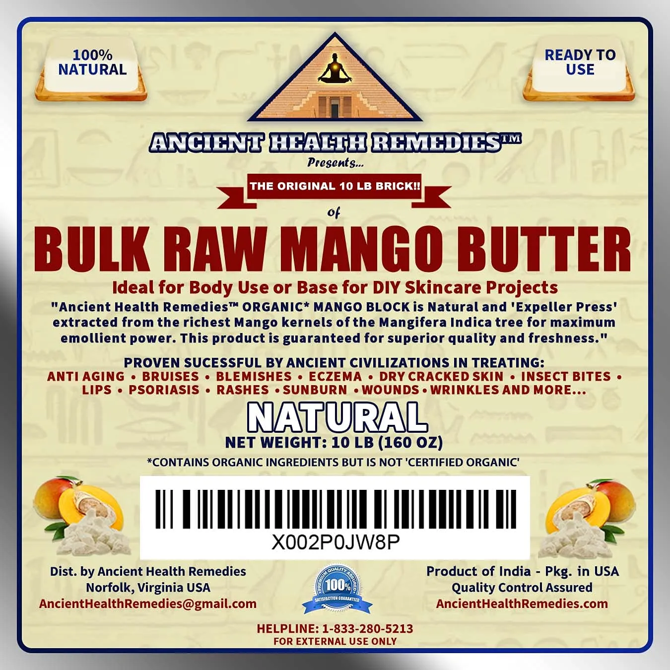 ANCIENT HEALTH REMEDIES Organic Unrefined Raw MANGO BUTTER JAR/BLOCKS Bulk, Light Mango Aroma, Non-Greasy Base for Beauty, Skin Moisturizing, DIY Base for Body Butter & Hand Creams (10 LB)