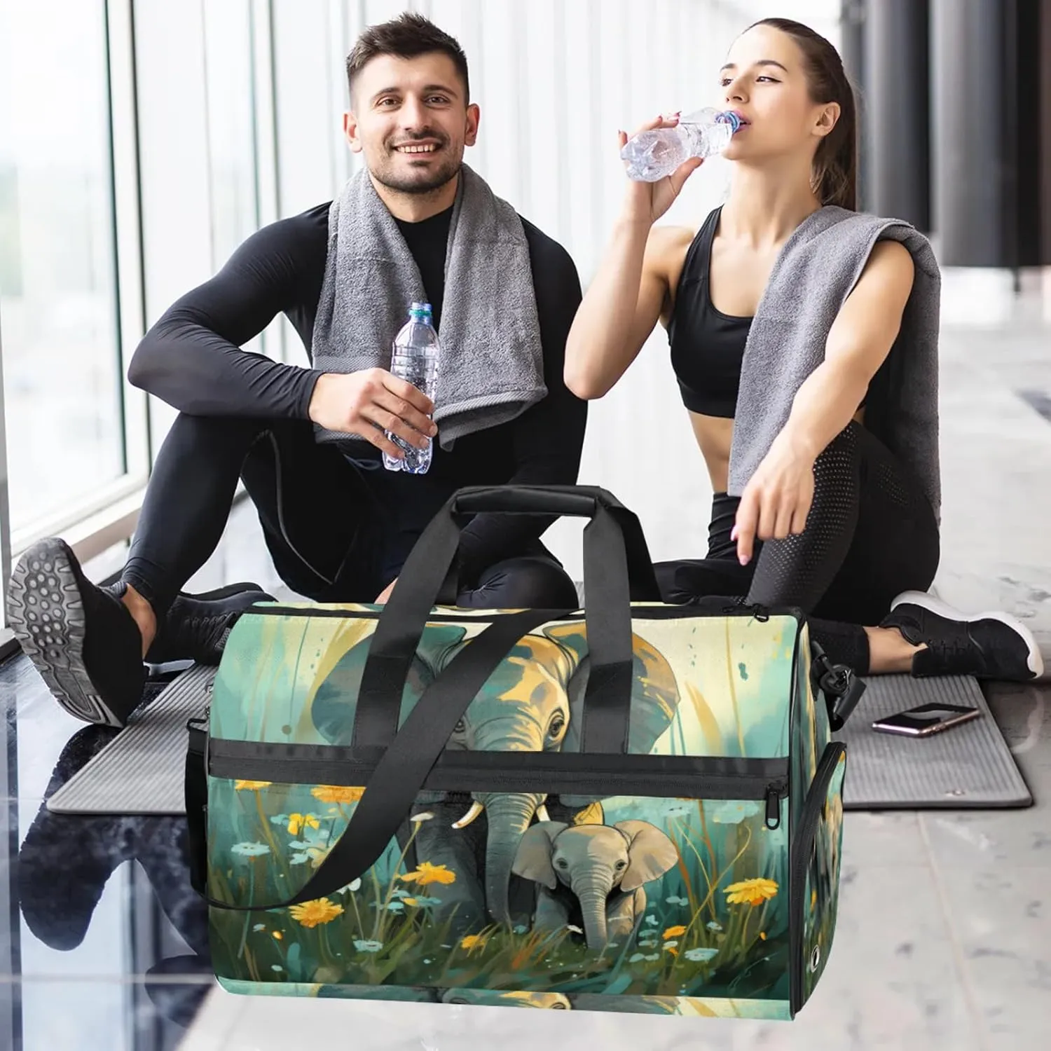 Animal Gym Bags for Men Women, 43L Medium Sports Elephant Travel Duffel Bag for Men with Shoe Compartment,Carry on Bags for Airplanes Women