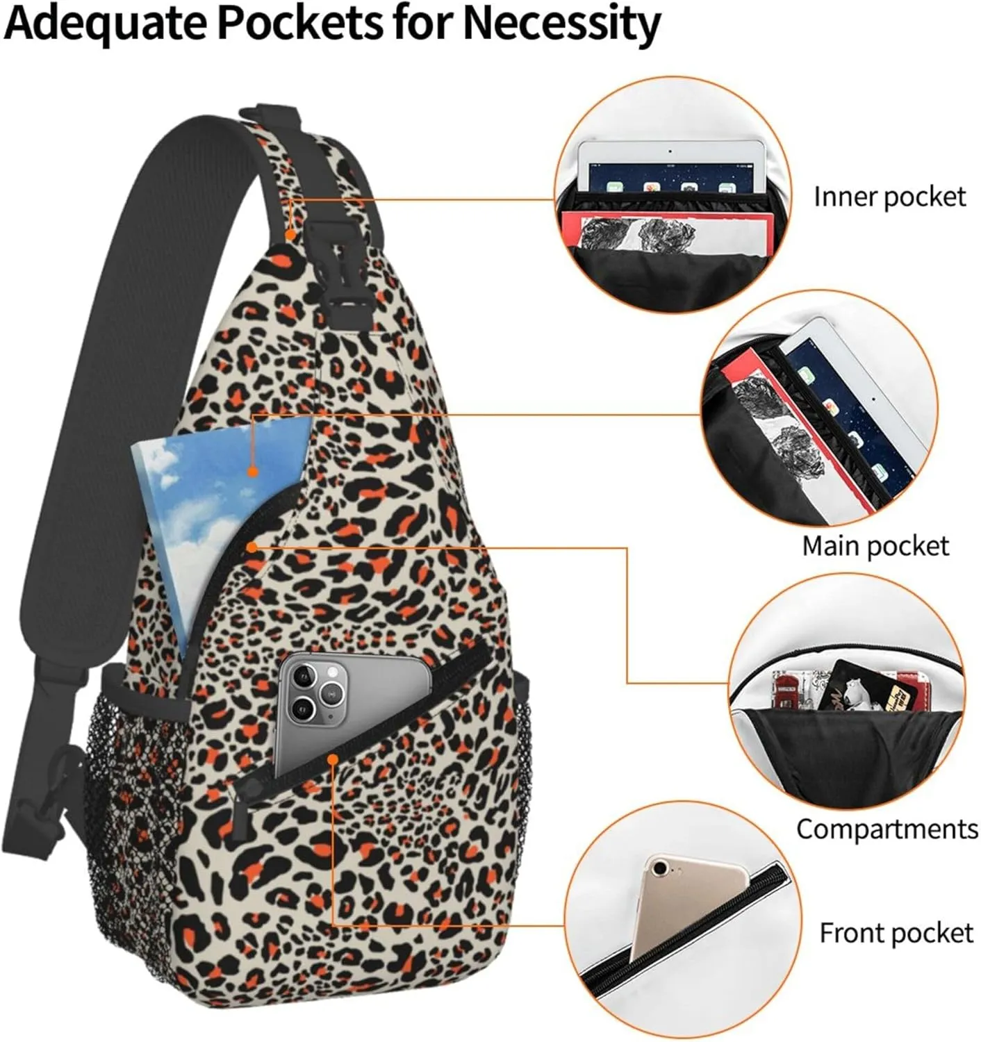 Animal Skin Leopard Print Sling Backpack Crossbody Bag, Chest Bag Daypack for Outdoors Hiking Traveling