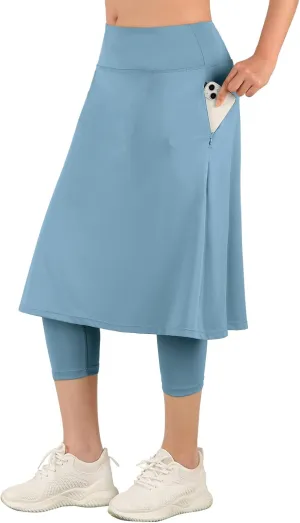 ANIVIVO Women Long Knee Length Skirt with Capris Leggings,Skirted Leggings with High Waisted Zipper Pockets