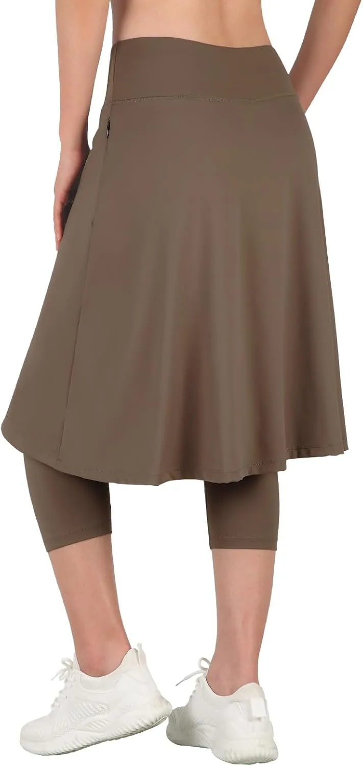 ANIVIVO Women Long Knee Length Skirt with Capris Leggings,Skirted Leggings with High Waisted Zipper Pockets
