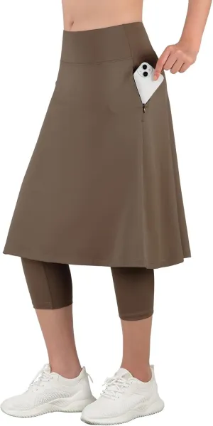 ANIVIVO Women Long Knee Length Skirt with Capris Leggings,Skirted Leggings with High Waisted Zipper Pockets