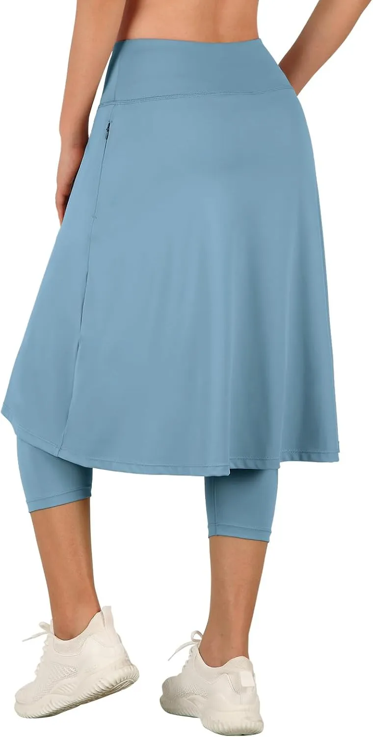 ANIVIVO Women Long Knee Length Skirt with Capris Leggings,Skirted Leggings with High Waisted Zipper Pockets
