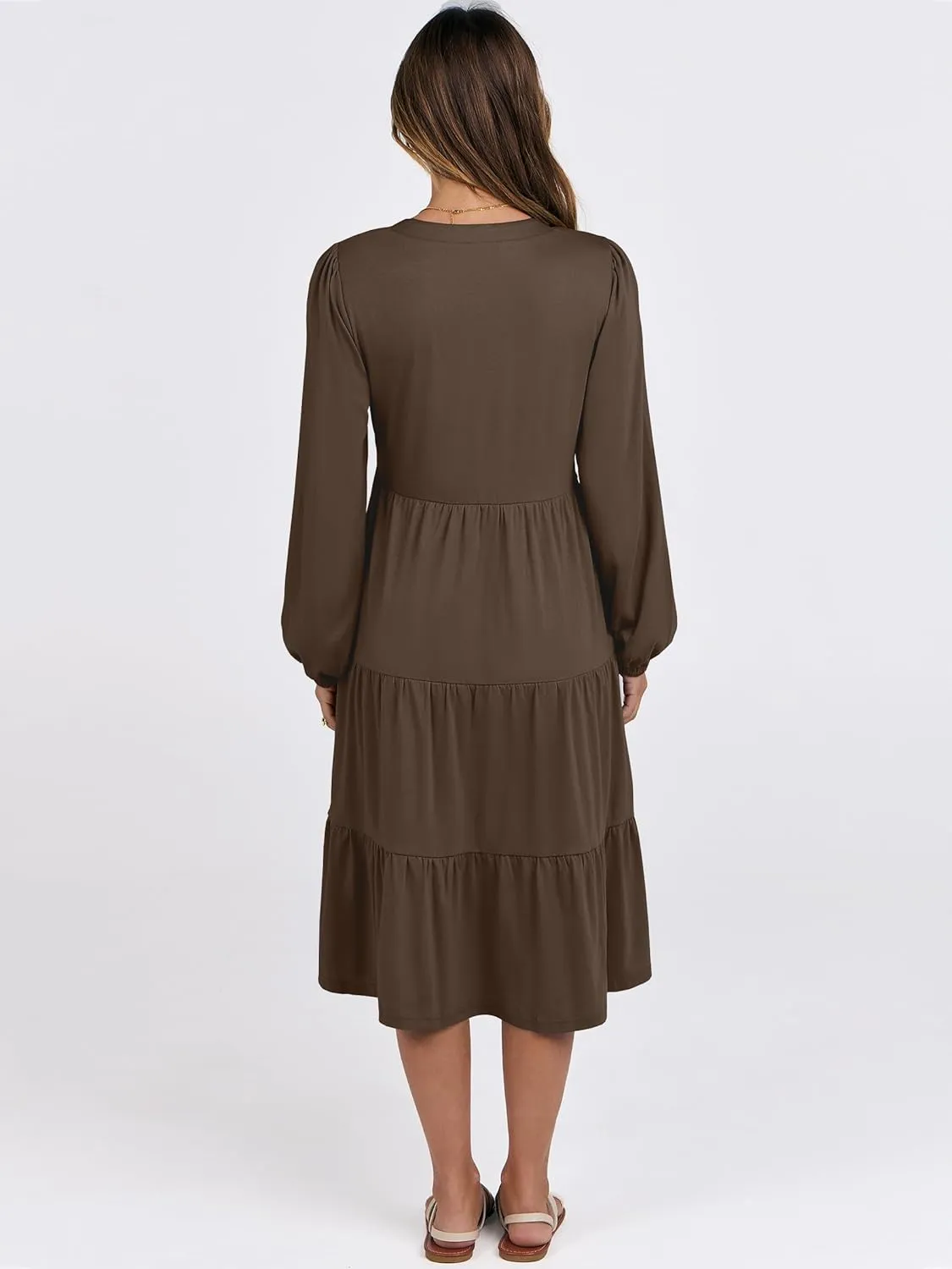 ANRABESS Long Sleeve Dress for Women V Neck 2025 Spring Fashion Casual Loose Fit Flowy Swing Tiered Vacation Dresses
