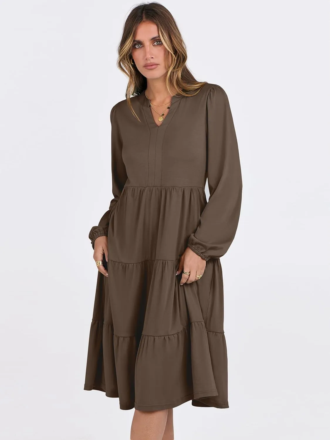 ANRABESS Long Sleeve Dress for Women V Neck 2025 Spring Fashion Casual Loose Fit Flowy Swing Tiered Vacation Dresses