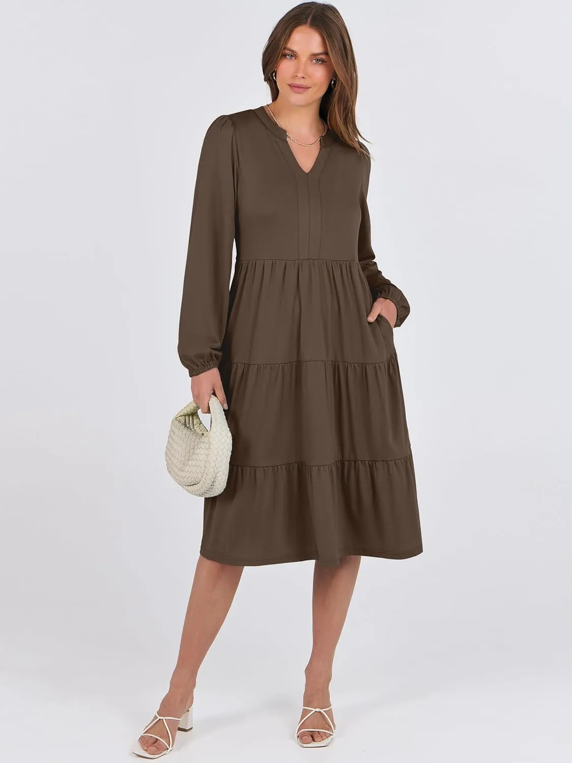 ANRABESS Long Sleeve Dress for Women V Neck 2025 Spring Fashion Casual Loose Fit Flowy Swing Tiered Vacation Dresses