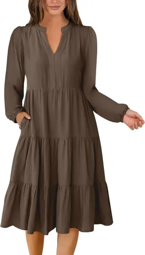 ANRABESS Long Sleeve Dress for Women V Neck 2025 Spring Fashion Casual Loose Fit Flowy Swing Tiered Vacation Dresses