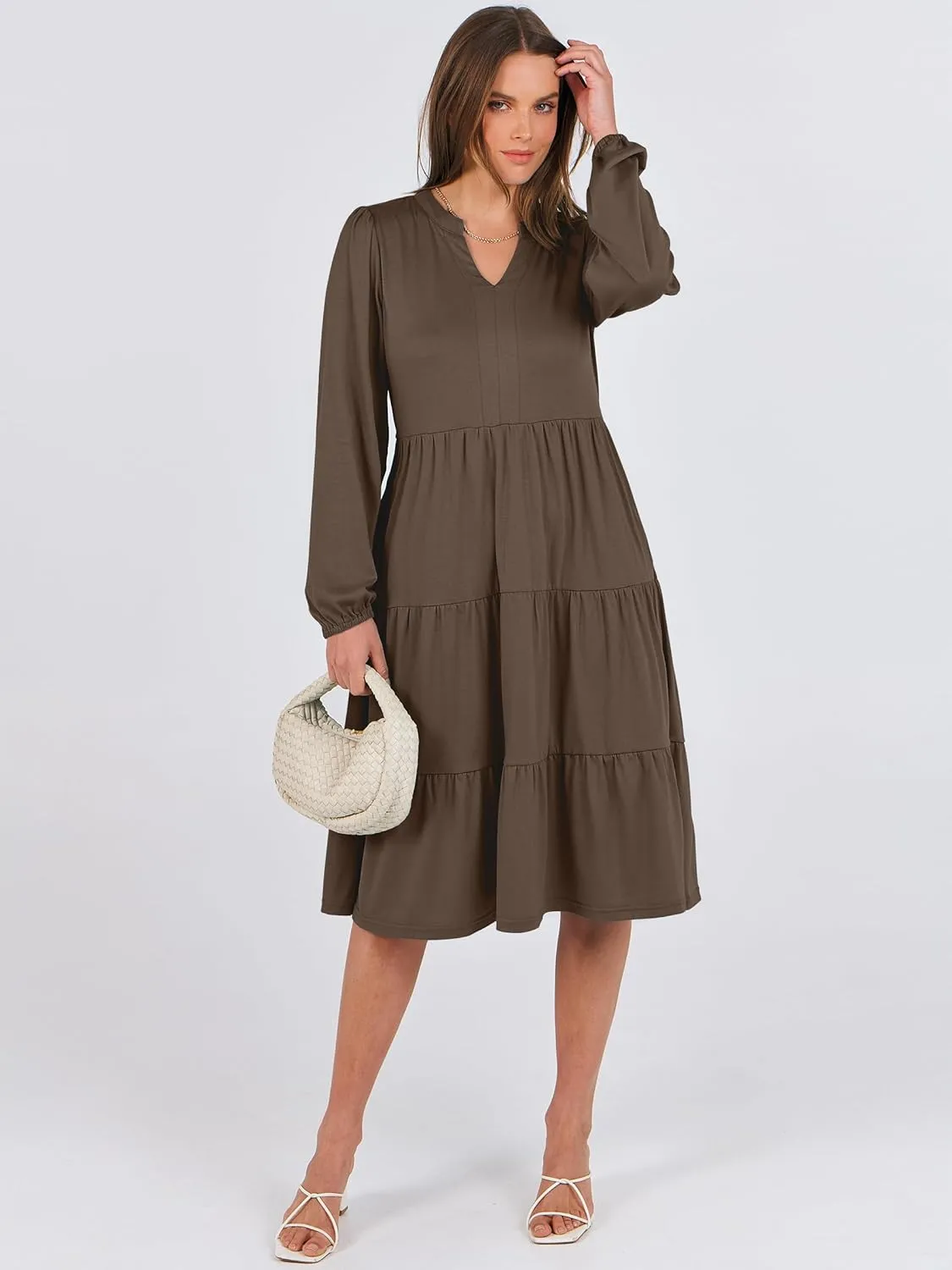 ANRABESS Long Sleeve Dress for Women V Neck 2025 Spring Fashion Casual Loose Fit Flowy Swing Tiered Vacation Dresses