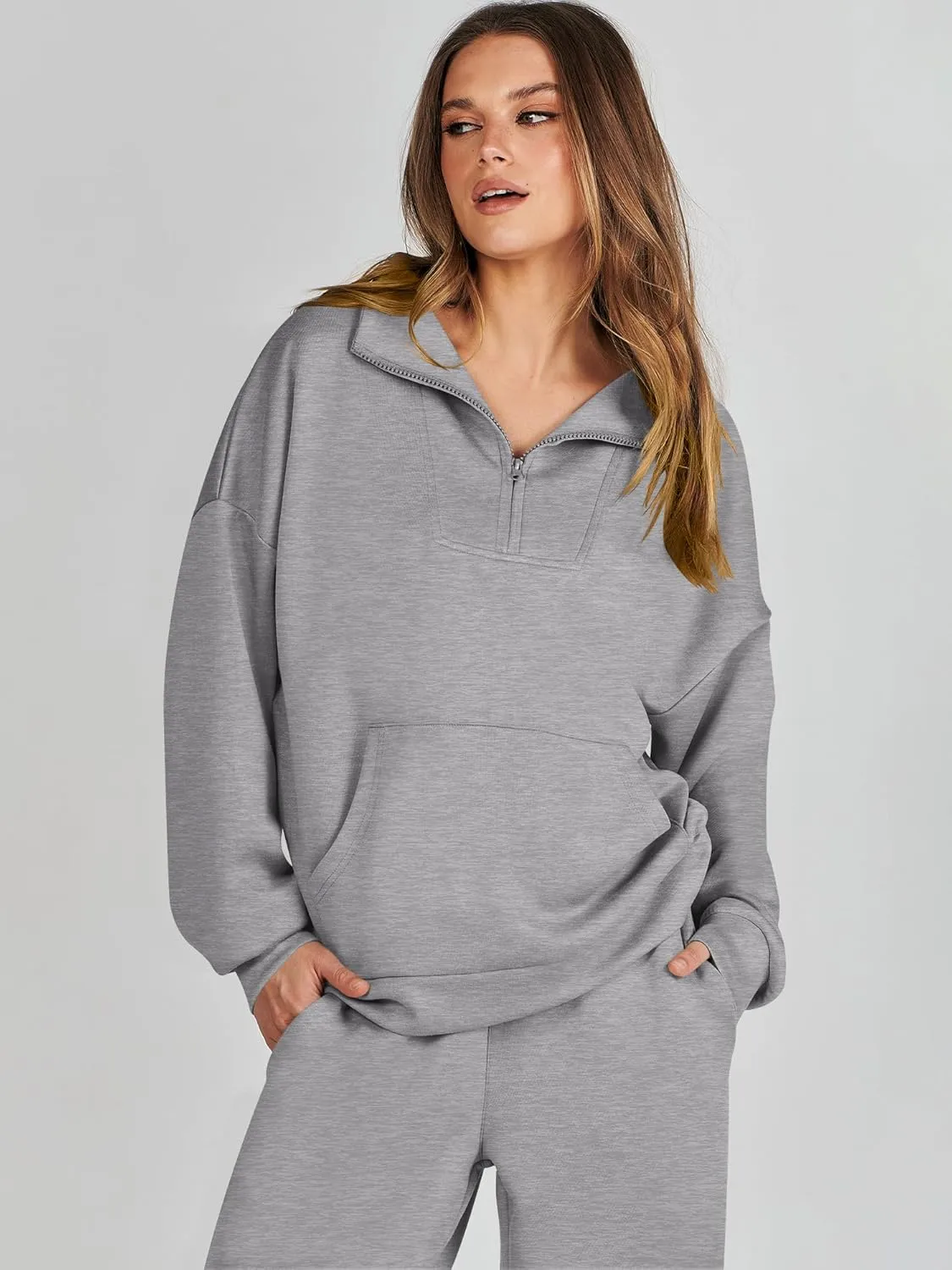 ANRABESS Women 2 Piece Outfits Sweatsuit Quarter Zip Sweatshirt Wide Leg Sweatpants Matching Lounge Set Travel Tracksuit