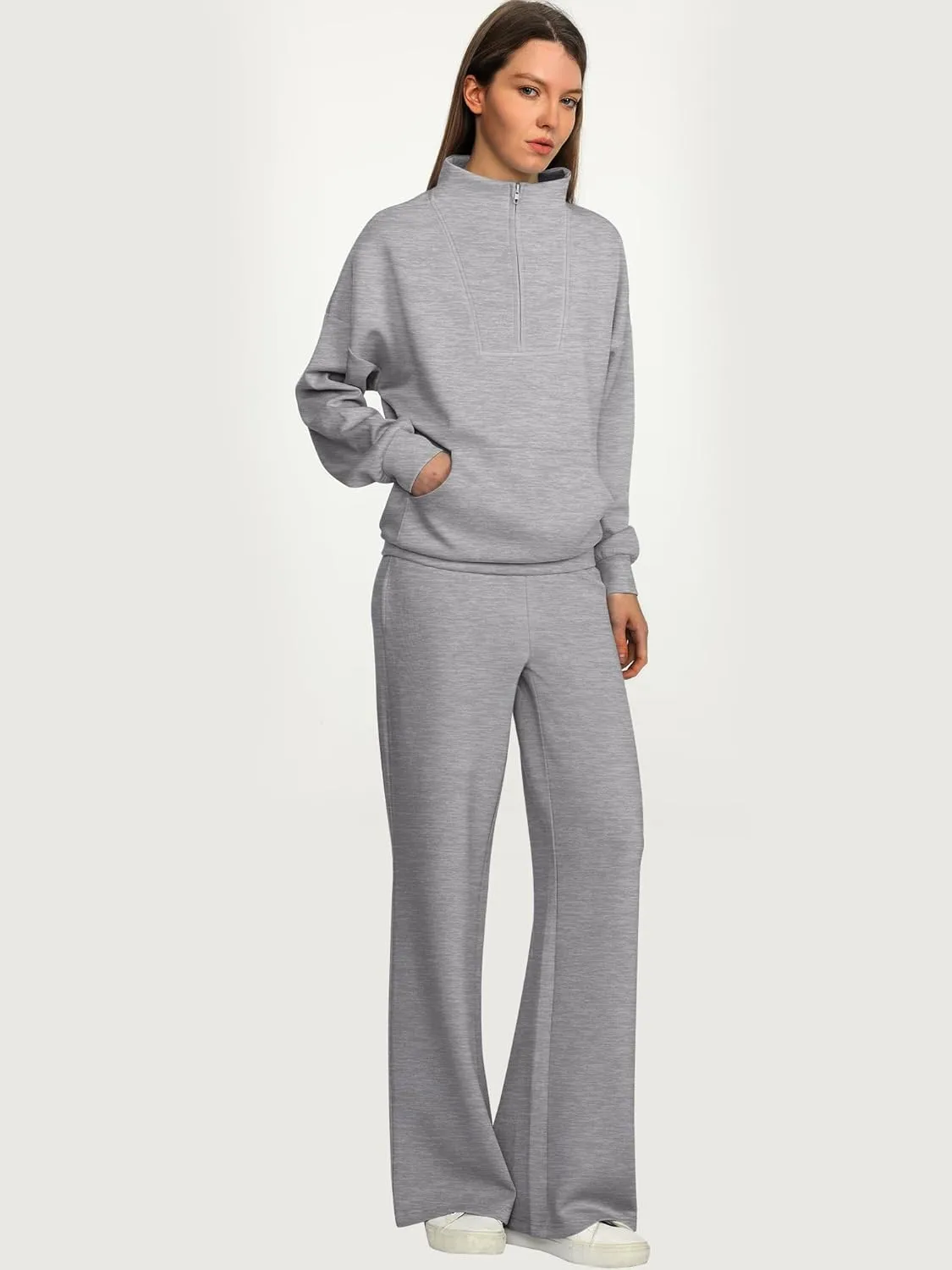 ANRABESS Women 2 Piece Outfits Sweatsuit Quarter Zip Sweatshirt Wide Leg Sweatpants Matching Lounge Set Travel Tracksuit