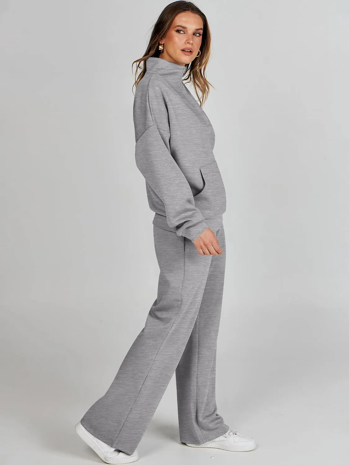 ANRABESS Women 2 Piece Outfits Sweatsuit Quarter Zip Sweatshirt Wide Leg Sweatpants Matching Lounge Set Travel Tracksuit