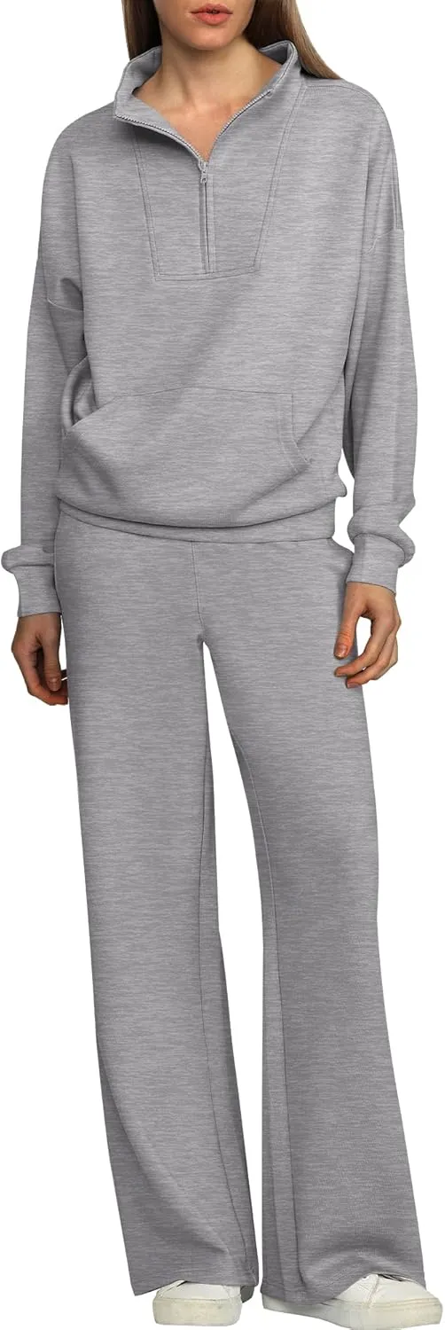 ANRABESS Women 2 Piece Outfits Sweatsuit Quarter Zip Sweatshirt Wide Leg Sweatpants Matching Lounge Set Travel Tracksuit